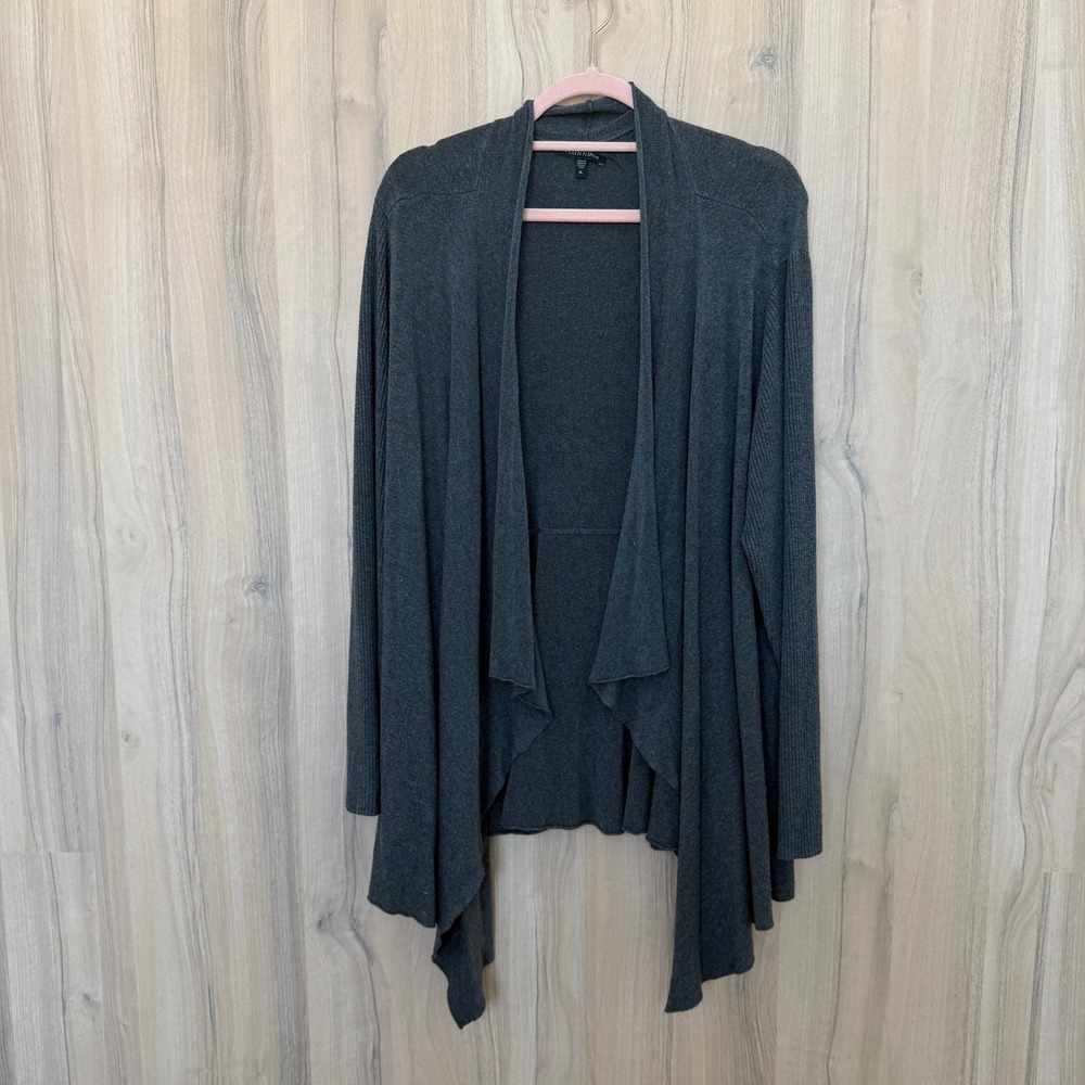 Eileen Fisher Cardigan XL Charcoal Draped Open Front Ribbed Knit Classic Capsule